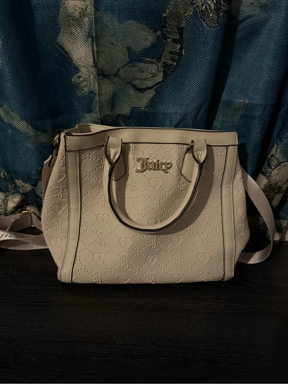 Juicy Couture Ivory Embossed Satchel with Crystal Logo